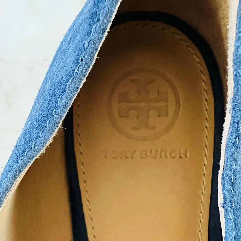 TORY BURCH Solid Blue Suede Smoking Flat Flats Gold Logo Buckle - US 7.5